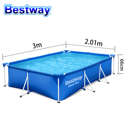 ! 56404 Bestway300*201*66cm 3300L Deluxe splash frame pool for adult and kids! - Brand: Bestway Easy set up Corrosion resistant metal frames Heavy-duty PVC and polyester 3-ply side walls Easy to take down for off-season storage Built-in flow control drain valve makes it easy to drain by attaching the valve to a garden hose (with included adapter) to drain away water Underwater adhesive repair patch The extra strong side walls of this pool are constructed with Tritech, a 3 layer reinforced material with a polyester mesh core encased between two layers of high gauge PVC materialSpecifications:Model: 56404 Water Capacity: filled up to 90300L Dimensions: (3 x 2.01 x 0.66)m

installation included