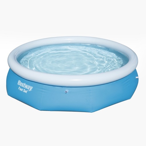 Bestway Round Inflatable Kiddie Pool, Quick Set 57266  ! 305 Cm * 76cm - Quick Pools are easy to install (no tools) and maintain so you can splash and cool off on hot summer days with ease Strong and durable construction - The pool is made of three-layer TriTech material for rigidity and strength Easy inflation (10 minute setting) - simply inflate the top ring and the pool will rise when filled with water to create a stable structure Integrated Drain Valve - Flow control drain valve attaches to a garden hose with included adapter to drain water easily and quickly Compact storage, easy to deflate: the pool can be quickly deflated and easily stored thanks to its compact, space-saving box Dimensions: 10 ft x 29.9 in. Capacity (80%): 3,800 liters

installation included