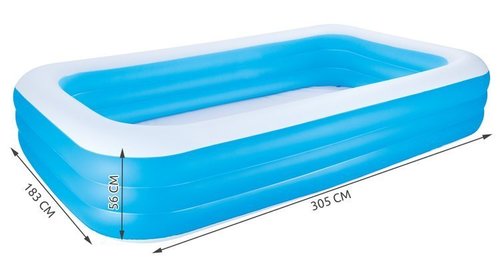 ! Bestway Blue Rectangular Familiy Pool De Luxe- (305cm x 183cm x 56cm) - blue 54009 - DELUXE BLUE RECTANGULAR FAMILY POOL
- Three 3 interconnecting nozzles
- Sturdy pre-tested vinyl
- 3 equal rings
- Sturdy I-beam construction
- Extra wide side walls
- Heavy-duty repair patch included
- Designed water capacity: 1,161 L 307 gal.)
- Releases pool water with the easy-to-use drain valve!
Content: One pool, repair patch SIZE =  (305cm x 183cm x 56cm) -
installation included