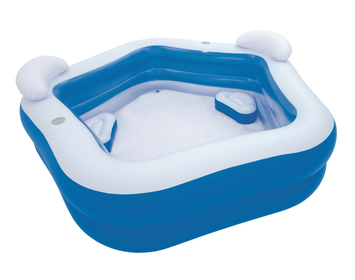 BESTWAY-FAMILY FUN POOL 213X207X69CM -26-54153! - Bestway Family Fun Pool:- 3-interconnecting nozzles
- Sturdy pre-tested vinyl
- 2 equal rings
- Extra wide side walls
- Includes 2 cup holders, 2 cushions and 2 headrests
- Heavy-duty repair patch included
- Designed water capacity: 575 L (152 gal.)
- Releases pool water with the easy-to-use drain valve!
- Contents: One pool, heavy-duty repair patchinstallation included