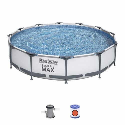 BESTWAY Steel Pro MAX Round Pool, with filter 366 x 76 cm – 56416! Wthi felltar - eatures:Designed with an extremely rigid oval-shaped frame for increased strength and durability Seal & Lock System™ included which makes this pool unbelievably amazing and long-lasting Framelink system Corrosion prevention 2 cup holders Tritech Material Drain valve Easy to assemble (no tools required) Rust-resistant metal frames 3-ply PVC wall support band Mosaic print installation included