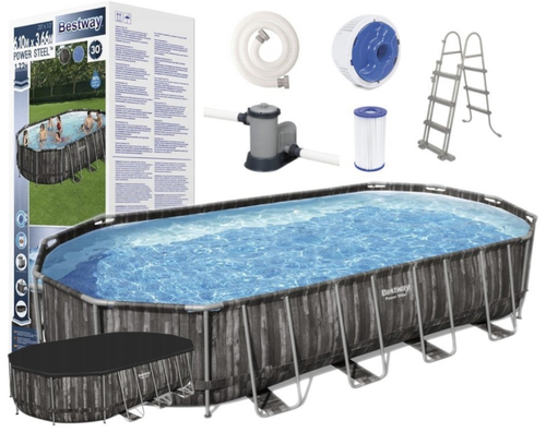 5611R Bestway pool 610 cm * 366 cm * H 122 cm ! Wthi felltar and ledar cover - 20,241 L capacity Bestway 5611R 6.10 m x 3.66 m x 1.22 m oval 20ft frame pool set with pump ladder cover 2021 season installation included