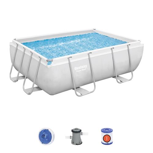 Bestway Power Steel 56629 above ground pool Framed pool Rectangular 3662 L Blu e, Grey (2.82m x 1.96 - Durable TriTech material - 2 layers of PVC encasing a polyester mesh Easy to assemble - Chemconnect chemical dispenser Capacity 3,662 litres, filter pump: 1,249 litres/hour Fast filling and emptying thanks to the convenient drain valve with flow control Dimensions: 9'3