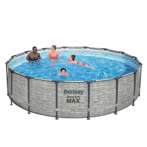 INT SHARY - Bestway Above Ground Pool Round Steel Pro Max Pool Set 488x122cm 5619E - Dimensions: 488 x 122 cm (diameter, height) Bestway self-supporting above-ground pool Steel Pro Max line round with stone effect Capacity of 19,480 liters of water Laminated PVC liner with Duraplus technology (three extra strong layers) Steel tube frame with anti-rust treatment, resistant to UV rays and bad weather FrameLink system for simple and secure connection of the structure Empty the drain plug Water filter pump (58389) Type III A / C cartridge filter Safety ladder 58331 Cover (58249)