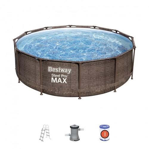 Bestway Steel Pro MAX Pool Set 3.66m x 1.00m  Wthi felltar and ledar  26-56709 - The Bestway 12ft Steel Pro Max Deluxe Series Pool comes as a complete set; featuring framed swimming pool, 530gal filter pump, filter and a repair patch Easy set up with no tools required; the FrameLink System prevents friction to form a secure frame connection, as well as corrosion resistant metal to keep your pool lasting longer Simple flow control drain valve for easy draining and disassembly; easily attach hose with the included adapter and drain the water away, ready for storage when not in use Made from durable Duraplus material in a rattan design; water capacity 9,150L, assembled size 12ft x 39.5″ (3.66m x 1m) Total contents: a pool, a filter pump, a safety ladder.