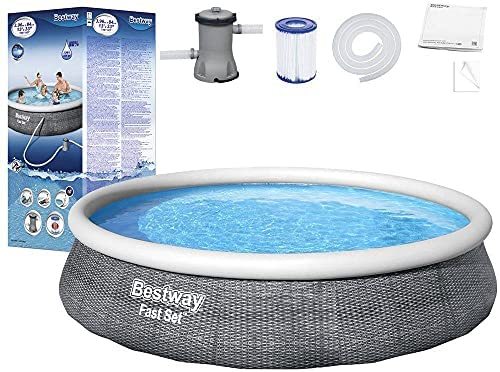 BESTWAY, Fast Pool Set 396 X 84cm  57376 wthi felltar - asy 10-minute setup
Realistic rattan print brings a classy look and feel to the backyard
Heavy-duty PVC and polyester 3-ply sidewalls
Liner is supported by an inflatable top ring
Select a level surface, inflate the top ring and the pool will rise as it’s filled with water
Built-in flow control drain valve makes it easy to drain by attaching the valve to a garden hose (with included adapter) to drain away water
The pool is equipped with fittings for compatibility with Flowclear filter pumps
Water capacity (80%): 7,340 L (1,939 gal. )
Underwater adhesive repair patch
The sturdy pool sidewalls are constructed with Tritech, a 3-layer reinforced material with a polyester mesh core and two layers of high gauge PVC for superior strength and durability
Content: One pool, #58383GB filter pump (220-240V~, 530 gal pump water flow rate, 480 gal integrated pool system water flow rate), compatible