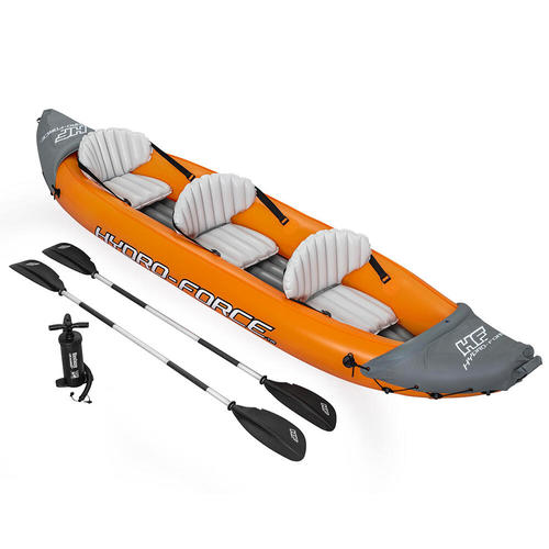 INT SHARY - Inflatable Kayak Canoe For 3 People Lite Rapid X3 Hydro-Force Bestway 65132  (100 x 381 cm) inflated - Inflated dimensions: 100 x 381 cm (width, depth) Kayak suitable for the enjoyment of 3 people Maximum load capacity: 250 kg Durable 0.60 / 0.35mm vinyl construction Stable PVC I-beam floor High quality coated nylon shell resistant to UV rays, salt water and oil GS certificate (TÜV Rheinland) 3 very comfortable adjustable inflatable seats 2 removable under-shell fins for different water conditions Safety valves for rapid inflation Drain valve Carrying handlesIncludes:2 x 218 cm double-blade aluminum oars Air Hammer 62086 hand pump Storage bag Self-adhesive patch for emergency repairs