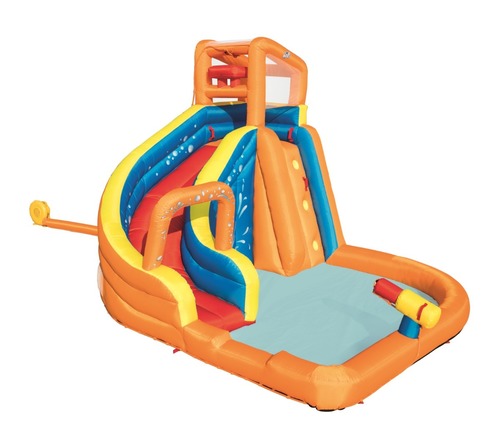 Bestway 53301 inflatable amusement water park with slide for kids 3.65m*3.20m*2.70m - Quick assembly – with the powerful continuous blower, the paddling pool for children can be set up in 2 minutes. Inflated Many extras - For great fun, the play centre is equipped with water slide, climbing wall and pool area Endless slipping fun - The children's pool keeps the water slide wet throughout with water Safe design: thanks to safety equipment, the water park is perfect for children's birthdays Box contents: Bestway H2OGO! Turbo Splash Swimming Pool with Continuous Blower, Water Hose, Anchor Bag, Pegs Set, Recommended Age: 5-10 Years, Material: Polyester & PVC, Dimensions: 365 x 320 x 275 cm, Multi-Coloured