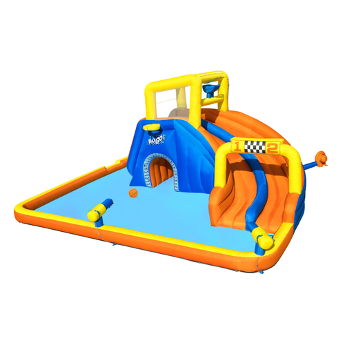 Bestway, H2OGO!Super Speedway Mega Water Park (551X502X265CM) 53377 - 5.51 m x 5.02 m x 2.65 m / 18’1″ x 16’6″ x 8’8″
Made of a durable and colorful PVC coated polyester material
2-lane race-ready water slide
Mesh sidewalls at tower peak for safety
Setup is quick and easy. The heavy-duty blower inflates the water park in less than 2 minutes
2 built-in water blasters for point and spray action
Built-in water dispenser randomly dumps water and keeps slide slippery
Large crawl-through tunnel
Hoop above the tunnel to play a fun game of basketball
Full-Color Box
Designed for outdoor use
Contents: 1 slide, 1 blower (stakes included), 1 repair kit (multiple assorted patches), 1 storage bag, 10 bouncer stakes, 1 water spraying hose, 1 basketball