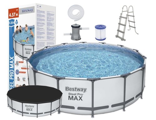 Bestway 56438 Above Ground Swimming Pool Round Steel Pro Max 457x122 Cm - Easy and fast assembly, no tools, 20 minutes with 3 people Sturdy TriTech™ material and rustproof steel frame Measurements: 457x122 cm Colour: blue Capacity at 90%: 16,015 l Weight: 65.81 kg Packaging measures: 56x38x130 cm