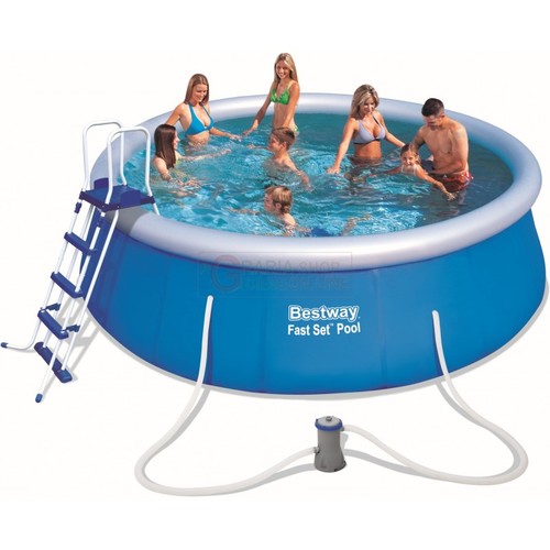 Bestway Fast Set Pool 4.57m x 122cm, set with pump - blue 57289 bestway wthi felltar and ledar and c - Aboveground swimming pool kit - Installation usually takes approximately 10 minutes with 2-3 people excluding earthworks and filling - Set-up is as easy as 1-2-3 - Dimensions-Capacities 80%: 13,807L/3,648gal - Contents: One pool, filter pump, ladder, pool cover, ground cloth, repair patch - Flowclear™ Filter Pump • Pump's water flow rate (pump capacity): 3,028 L/h (800 gal./h) • Integrated pool system water flow rate (system flow rate): 2,195 l/h (580 Gal./h) - CE, TÜV Rheinland, 220-240 ̴ 50Hz, 32W - Pool Cover • Includes Ropes To Secure Cover • Drain Holes To Prevent Water From Accumulating - Ground Cloth • Provides Extra Protection For The Bottom Of The Pool