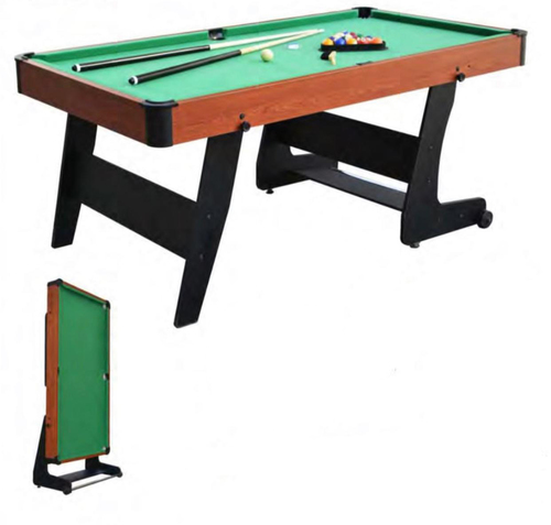 Billiard table size 182x96.5x78 cm T56026 - - 6' folded billiard table  - Table dimension: 182x96.5x78cm  - storage hight :205cm  included accessories  - 2x48'' cues - 1x1-7/8'' billiard ball  - 1x plastic triangle  - 1x brush  - 1x chalk