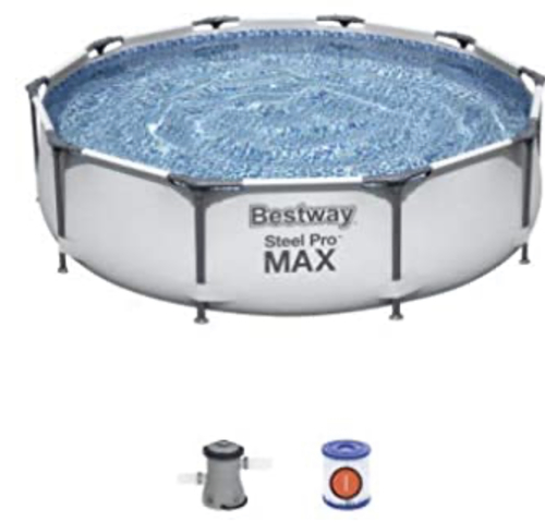 INT SHARY - Bestway 56260 Outdoor above ground circular swimming pool  (366x100 CM)wthi felltar - Easy 20-minute setup 12ft x 3ft Easy to dissemble when preparing for off-season storage Heavy-duty PVC and polyester 3-ply side walls provide additional support Round shape means easy installation, enhanced stability and less wasted space. Heavy-duty PVC and polyester 3-ply side walls Built-in flow control drain valve connects with to garden hose (with included adapter) to easily drain away water Water Capacity (90%): 9,150 L (2,417 gal.) Underwater adhesive repair patch Pool is equipped with fittings for compatibility with Flowclear™ filter pumps Contents: One pool, filter pump (#58383), compatible with Type II cartridge (#58094) Bestway® Above Ground Steel Pro MAX™ Pools offer a high-quality option at an affordable price compared to other above ground pools on the market. The mosaic liners provide an attractive look and nostalgic pool feel. Assembly is a breeze, and pool owners can easily connect the frame pieces until they hear a click. Families can enjoy Steel Pro MAX pools for many seasons to come, due to the durable, puncture-resistant DuraPlus™ liner and corrosion-resistant steel frame. Steel Pro MAX pools are affordably high-quality with design touches that will be loved by many. The pool walls are constructed with DuraPlus™, a material reinforced with a polyester mesh core and two layers of high gauge PVC for superior strength and durability FrameLink System™ - custom-molded T-connectors prevent metal-on-metal corrosion Realistic Prismatic Stone printing provides the pool with a beautiful print that adds texture and a rich blue color to the inner liner