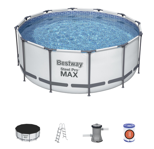 Bestway Steel Pro 56420 above ground pool 366cm * 122 Cm wthi felltar and ledar and cover - 3.66m x 1.22m STEEL PRO™ - Aboveground swimming pool kit - Set-up is as easy as 1-2-3 - Installation usually takes approximately 20 minutes with 2-3 people excluding earthworks and filling - Dimensions-Capacities 90%: 10,250L/2,708gal - Contents: One pool, filter pump, ladder, pool cover, ground cloth, repair patch - Flowclear™ Filter Pump, Pump's water flow rate (pump capacity): 2,006 L/h (530 gal./h), Integrated pool system water flow rate (system flow rate): 1,817 l/h (480 Gal./h) - CE, TÜV Rheinland, 220-240V ̴, 29W - Pool Cover, Includes Ropes To Secure Cover, Drain Holes To Prevent Water From Accumulating - Ground Cloth, Provides Extra Protection For The Bottom Of The Pool - Pool Ladder 1.22m (48