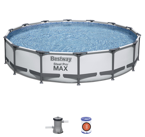 INT SHARY - ! Bestway 56595 Above Ground Swimming Pool Round Steel Pro Max 427x84 Cm wthi felltar - Easy and fast assembly, no tools, 20 minutes with 3 people Sturdy TriTech™ material and rustproof steel frame Measurements: 427x84 cm Colour: blue, interior mosaic pattern Capacity at 90%: 10,220 l Weight: 36.72 kg Packaging measures: 50x30x104 cm

installation included