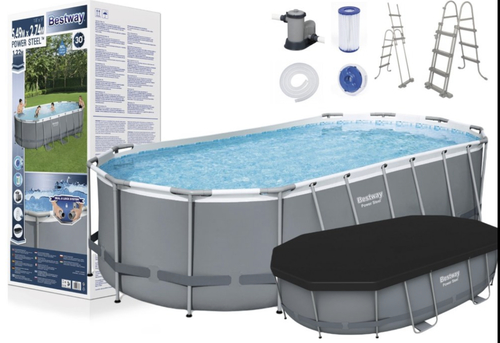 Bestway 56710 Power Steel Oval Above Ground Pool 549x274x122 Cm wthi felltar and ledar and cover - Bestway 56710 above ground pool is ready to use, you just have to place the pool on a flat surface and assemble the steel structure; sand filter and safety ladder are included in the package with the aim of providing customers with a whole product to enjoy moments of relax.

Technical Characteristics Bestway 56710 Power Steel Oval Above ground Pool:Sizes: 549x274x122 cm Structure with side walls made of PVC and polyester Frame made of anti-rust galvanized steel