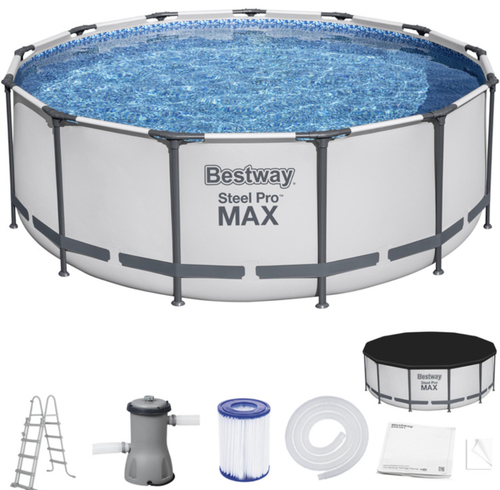 Round Above Ground Pool Bestway Steel Pro Max Pool Set 396x122cm 5618W - Technical features:Dimensions: 396 x 122 cm (diameter, height) Bestway self-supporting above ground pool Steel Pro Max line round Capacity of 12,690 liters of water Liner in laminated PVC with Duraplus technology (three extra strong layers) Tubular steel frame with anti-rust treatment resistant to UV rays and bad weather FrameLink system for easy and safe connection of the structure Draining drain plug Filter pump for water filtration (58386) Type II cartridge filter (58094) Safety ladder (58331) Cover sheet (58248) Assembly in minutes without the use of tools For optimal use and duration of the pool, it is advisable to follow the instructions given in the manual