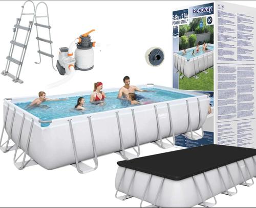 INT SHARY - Bestway Power Steel 56466 above ground pool Blue, Grey (549x274x122c) wthi felltar and ledar and cov - Aboveground swimming pool kit
- Installation usually takes approximately 30 minutes with 3 people excluding earthworks and filling.
- Dimensions-Capacities 90%: 14,812L/3,913gal.
- Contents: One pool, sand filter pump, ladder, pool cover, ground cloth, repair patch
- Flowclear Sand Filter, Pump’s water flow rate (pump capacity): 3,785 L/h (1,000 gal./h), Integrated pool system water flow rate (system flow rate): 3,785 L/h (1,000 gal./h)
- CE, TÜV Rheinland, 220-240V ̴ , 200W
- Pool Cover, Includes Ropes To Secure Cover, Drain Holes To Prevent Water From Accumulating
- Ground Cloth, Provides Extra Protection For The Bottom Of The Pool
- Pool Ladder 1.22m (48