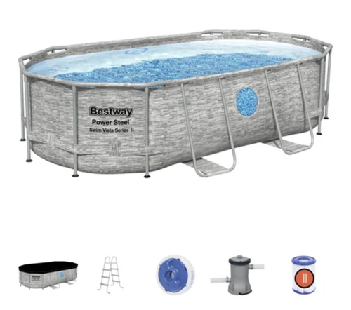 INT SHARY - ! Bestway 56714 Oval Above Ground Pool With Swim Vista Porthole 427x250x100 C m  wthi felltar and le - Bestway 56714 Above Ground Steel Oval Pool: Dimensions: 427 x 250 x 100 cm Structure with PVC and polyester side walls Stainless steel frame 
 Installation