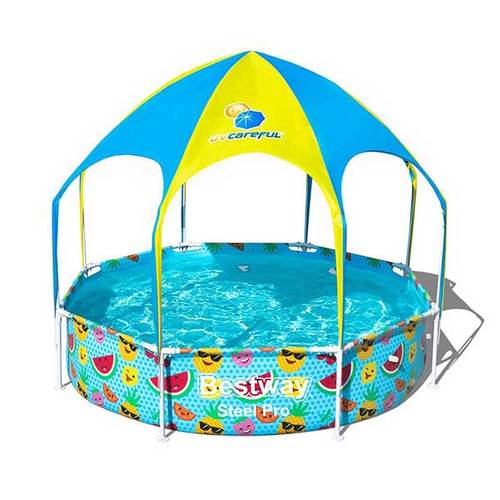 BESTWAY Steel Pro UV Careful Splash-in-Shade Play Pool, 244 x 51 cm – 56432! - Cool transparent design Corrosion-resistant metal frames Heavy-duty PVC and polyester 3-ply sidewalls Water mister on the top of shade attaches to garden hose UPF 40+ Rated Easy to set up and take down for off-season storage The round shape of the pool provides easy installation, enhanced stability, and less wasted space due to the fact that the pool doesn’t require lateral support The extra strong side walls of this pool are constructed with Tritech™, a 3 layer reinforced material with a polyester mesh core encased between two layers of high gauge PVC material, offering superior strength and durabilitySpecifications:Brand: Bestway Model number: 56432 Size: 244 x 51 cm – 8’ x 20” Sun shade and repair patch included

installation included