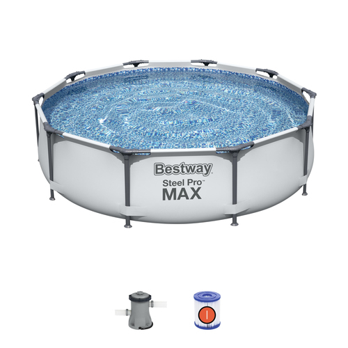 Bestway Steel Pro 3.05m x 76cm, Blue 56408 with filter - Aboveground swimming pool kit - Installation usually takes approximately 20 minutes with 2-3 people excluding earthworks and filling - Set-up is as easy as 1-2-3 - Dimensions-Capacities 90%, 4,678L/1,236gal - Contents: One pool, filter pump, repair patch - Flowclear™ Filter Pump , Pump's water flow rate (pump capacity): 1,249 L/h (330 gal./h), Integrated pool system water flow rate (system flow rate): 1,060 l/h (280 Gal./h) - CE, TÜV Rheinland, 220-240V ̴, 16W