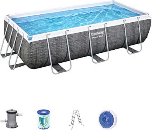 Bestway 56722 Rectangular Bracket Pool Set 4.12m x 2.01m x 1.22m - Durable TriTech Material - Two layers of PVC wrap a polyester mesh Easy to assemble - Chemconnect chemical dispenser - Grey rattan effect Capacity 6.478 L, filtration pump: 2,006 L/H Quick to fill and empty thanks to the convenient drainage valve with flow control Dimensions: 13'6