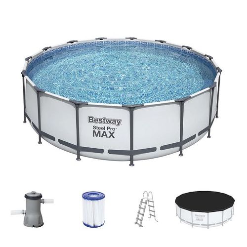 Bestway 56950 above ground pool Framed pool Round 13030 L Blue 427 x 107 cm - Easy and fast assembly, no tools, 20 minutes with 3 people Sturdy TriTech™ material and rustproof steel frame Measurements: 427 x 107 cm Colour: blue, interior mosaic pattern Capacity at 90%: 13,030 l