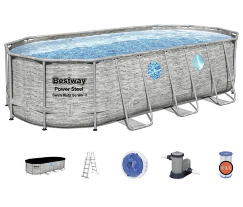 ! Bestway 56716 Oval Above Ground Pool With Swim Vista Porthole 549x274x122 Cm - wthi felltar and le - Technical Characteristics Bestway 56716 Swim Vista Oval Above Ground Pool:

Size: 549x274x122 cm
Structure with side walls made of PVC and polyester with wicker effect
Frame made of anti-rust and UV-resistant brown galvanised steel
Water capacity: 13,430 L installation included