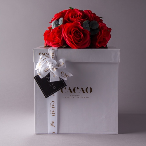 white box with flower - 650 gm of wrapped chocolate with freash flower