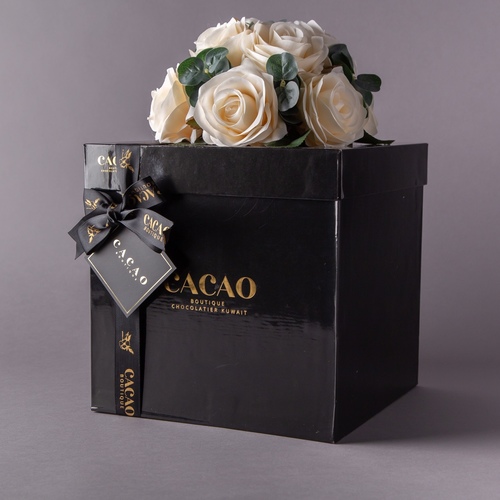 black flower box - 650gm of wrapped chocolate with freash flower