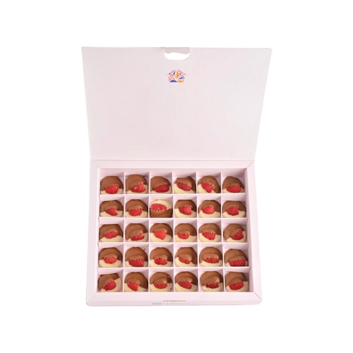 Choco Raspberry Mille Feuille - 30 pieces of homemade mille feuille coated with fine Swiss milk chocolate and white chocolate and topped with fresh raspberry.
.