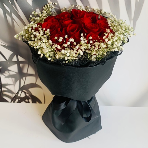 Red Rose and baby breath leather Bouquet - 15 pcs Red Rose & baby breath