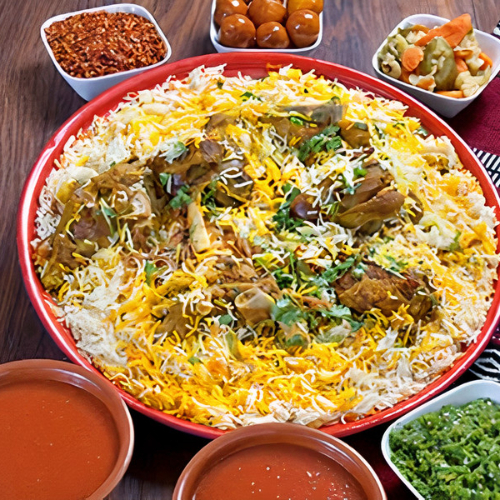 صينية برياني لحم - ارز بسمتي مع لحم مطهو بالتوابل والبهارات يقدم مع مرق, معبوج احمر, معبوج اخضر ولقيمات