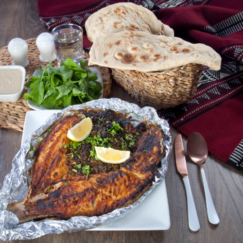 Grilled Nakroor - Served with tahini, bread and rocca it needs 90 minutes to be prepared.