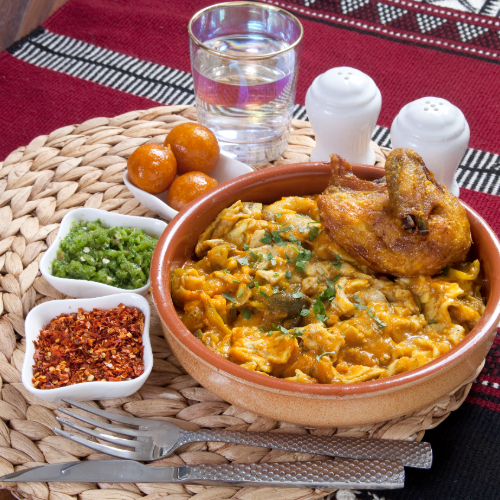 Margoog Chicken - Margoog bread with Chicken chops and fresh vegetable mix with red mabog, green mabog, Agar and Luqaimat