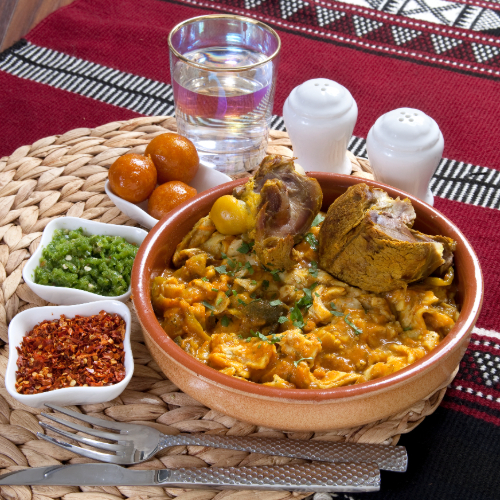 Margoog Meat - Margoog bread with meat chops and fresh vegetable mix with red mabog, green mabog, Agar and Luqaimat