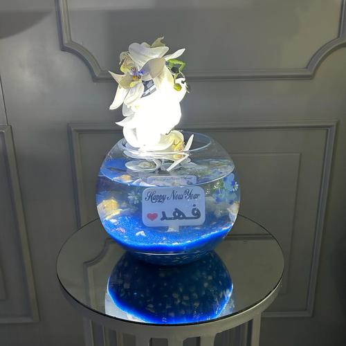 New Year's Eve Vase 1 - Vase with artificial flower arrangement with ornamental fish with name written on UV printing on acrylic