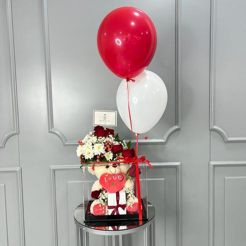 Al-Anoud - Acrylic box + natural roses + teddy bear + perfume + balloon