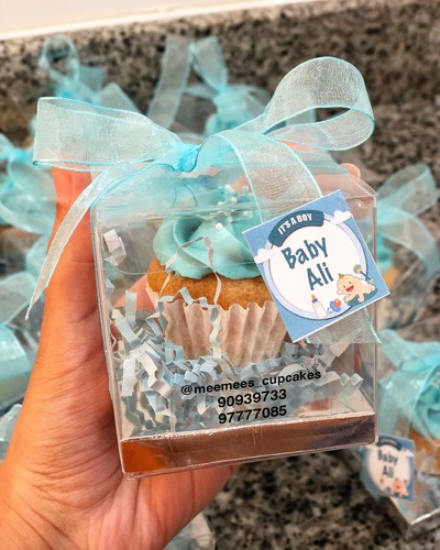 Baby Boy Giveaway - mini box minimum order 12 boxes size : 8cm Light blue ribbon Light blue cream Please keep your writing that you want on the Sticker in the box below