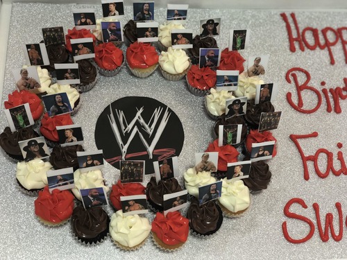 WWE - 3 Dozens mini cupcakes Please keep your writing that you want on the board in the box belowThis Design with Chocolate Flavor and all the chocolate Flavor comes with nuts