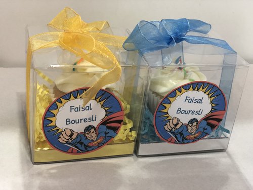 Superman Giveaways - mini box minimum order 12 boxes size : 8cm yellow & blue ribbons white cream Please keep your writing that you want on the Sticker in the box below