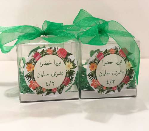 توزيعات يوم التخضير - mini box minimum order 12 boxes size : 8cm green ribbon green cream Please keep your writing that you want on the Sticker in the box below