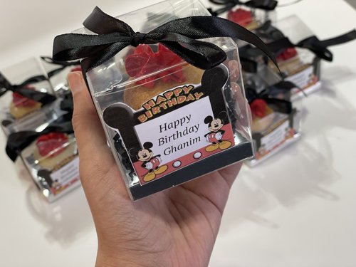 Mickey Mouse giveaways - mini box minimum order 12 boxes size : 8cm Black ribbon Red cream Please keep your writing that you want on the Sticker in the box below