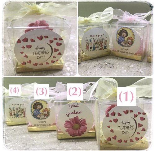 Teacher's Day giveaways - mini box minimum order 12 boxes size : 8cm Light pink - yellow  ribbon Light Pink - Yellow cream Please keep your writing that you want on the Sticker in the box below