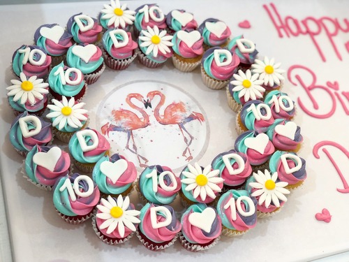 Flamingo with letter - 3 Dozens mini cupcakes Please keep your writing that you want on the board in the box below  Please write the Letter & age in the box below