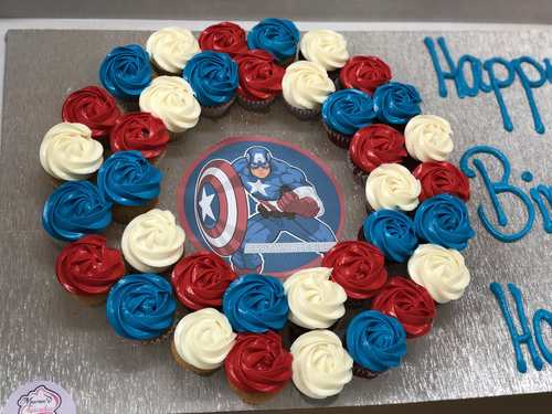 captain America - 3 Dozens mini cupcakes Please keep your writing that you want on the board in the box below