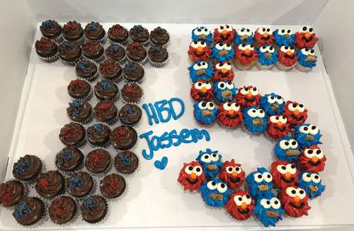 Number+letter Elmo cookies monster - 5 to 6 Dozens mini cupcakes Please keep your writing that you want on the board in the box belowThis Design with Chocolate Flavor and all the chocolate Flavor comes with nuts