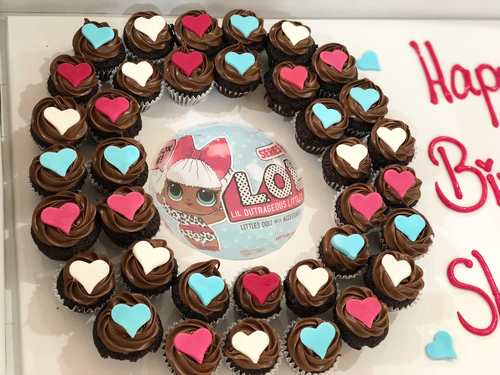 Lol chocolate w/ hearts - 3 Dozens mini cupcakes Please keep your writing that you want on the board in the box belowThis Design with Chocolate Flavor and all the chocolate Flavor comes with nuts