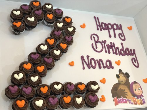 number masha & the bear - 3 Dozens mini cupcakes Please keep your writing that you want on the board in the box belowThis Design with Chocolate Flavor and all the chocolate Flavor comes with nuts