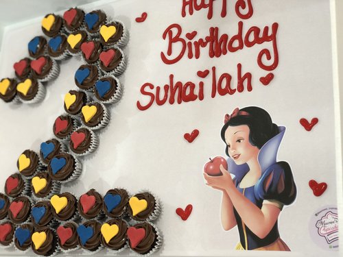 Snow White number - 3 Dozens mini cupcakes  Please keep your writing that you want on the board in the box belowThis Design with Chocolate Flavor and all the chocolate Flavor comes with nuts